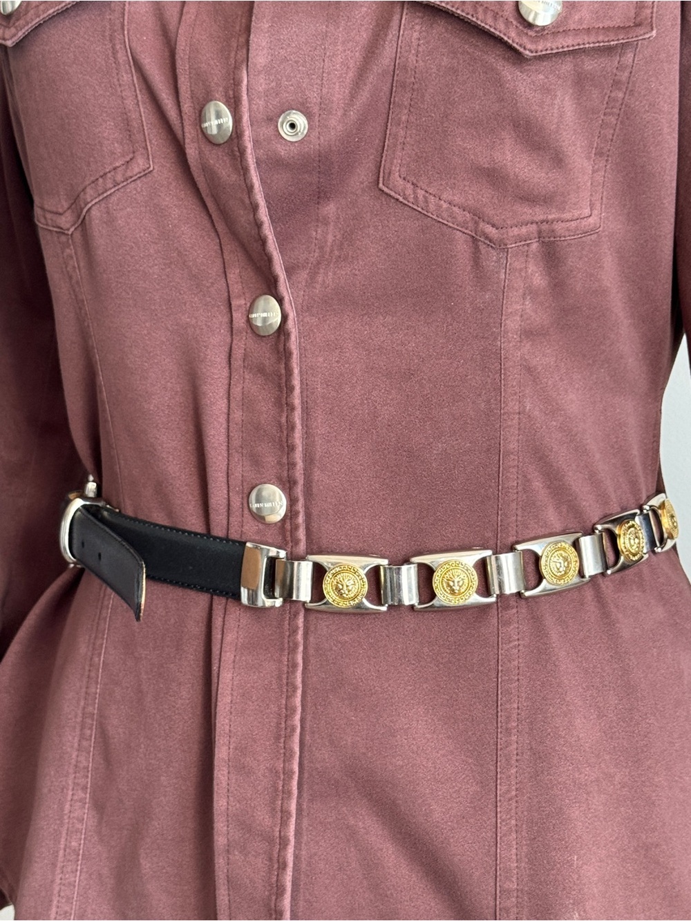 Vintage 90s Lion Lions Face Black Leather Medal Women Buckle Belt Golden Silver - Picture 3 of 12